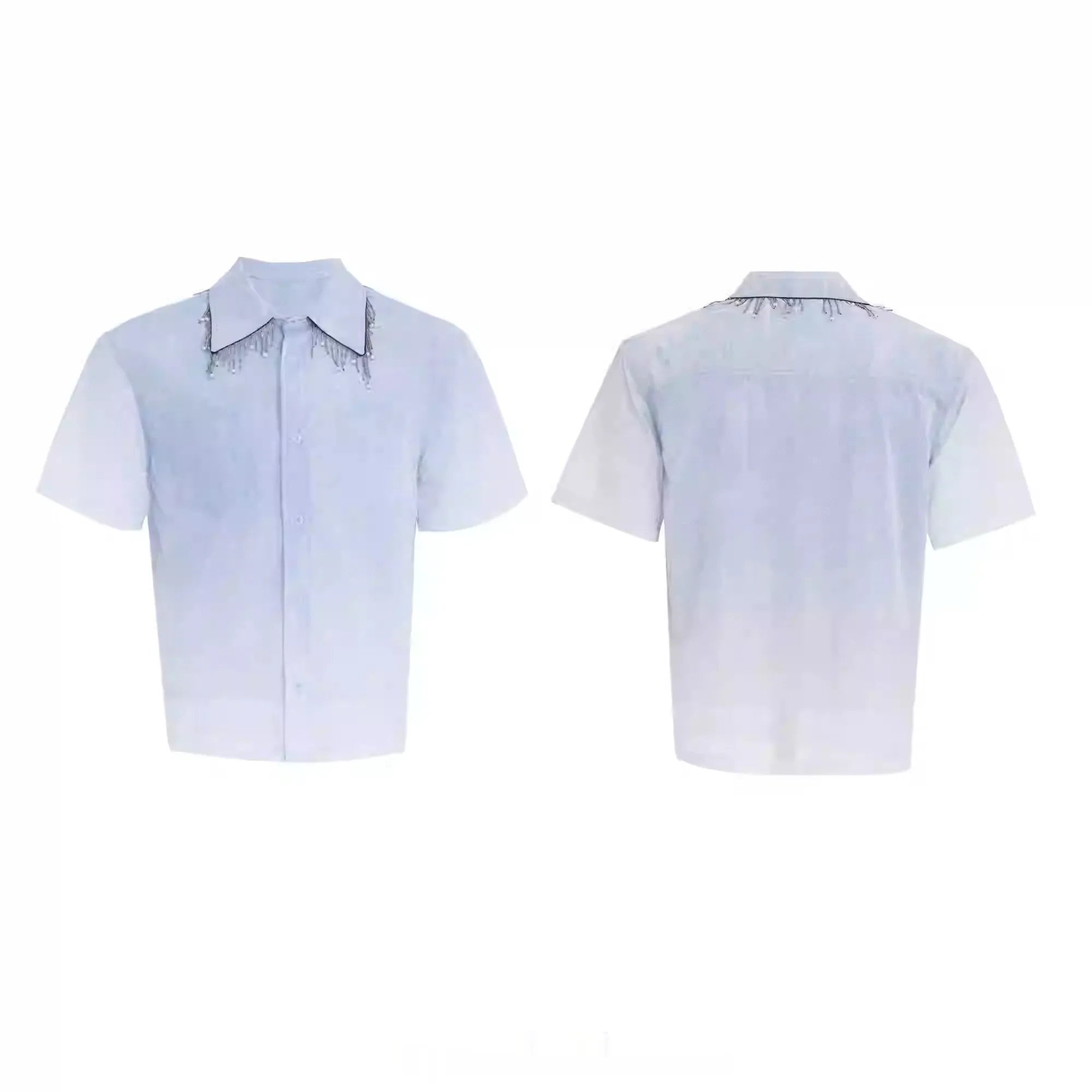 Blue and white gradient short-sleeved casual shirt on a hanger.