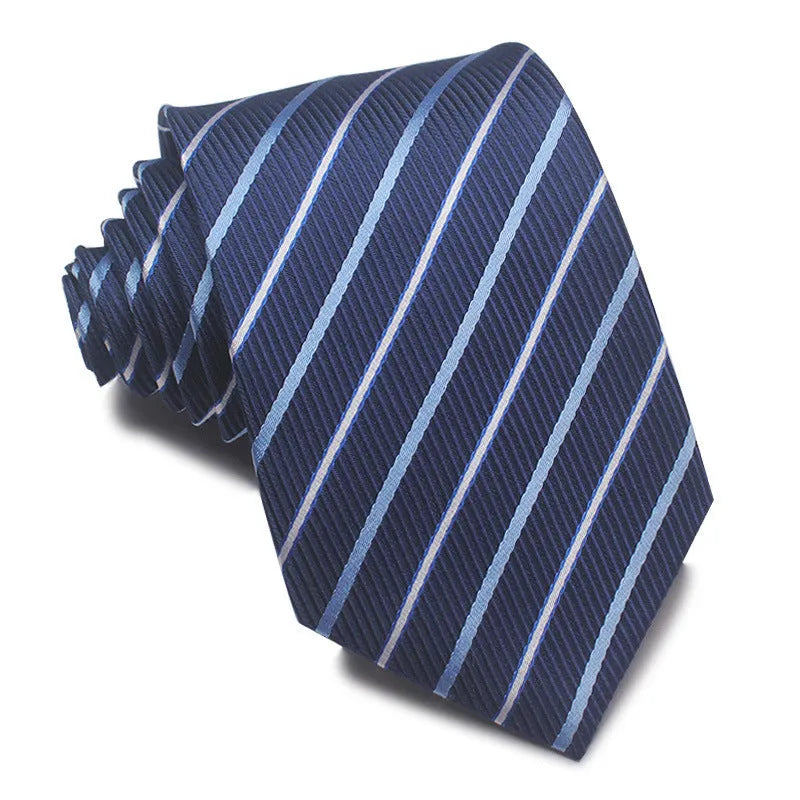 A man's striped formal tie in an arrow style, showing the jacquard texture and width of 7-8 cm.