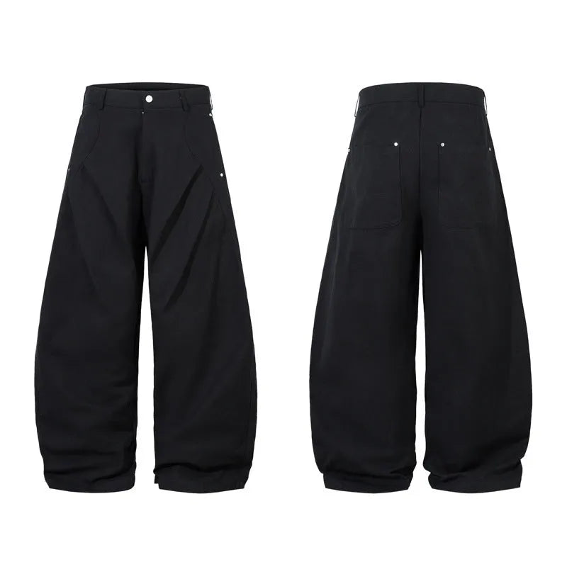 Men's black pleated casual trousers with wide-leg loose fit and mid waist design