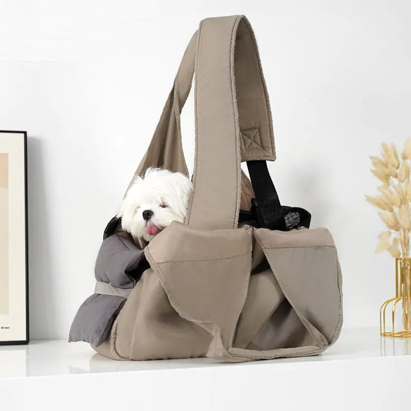Apricot-coloured cloth pet carrier bag with shoulder strap, medium size for small dogs and cats