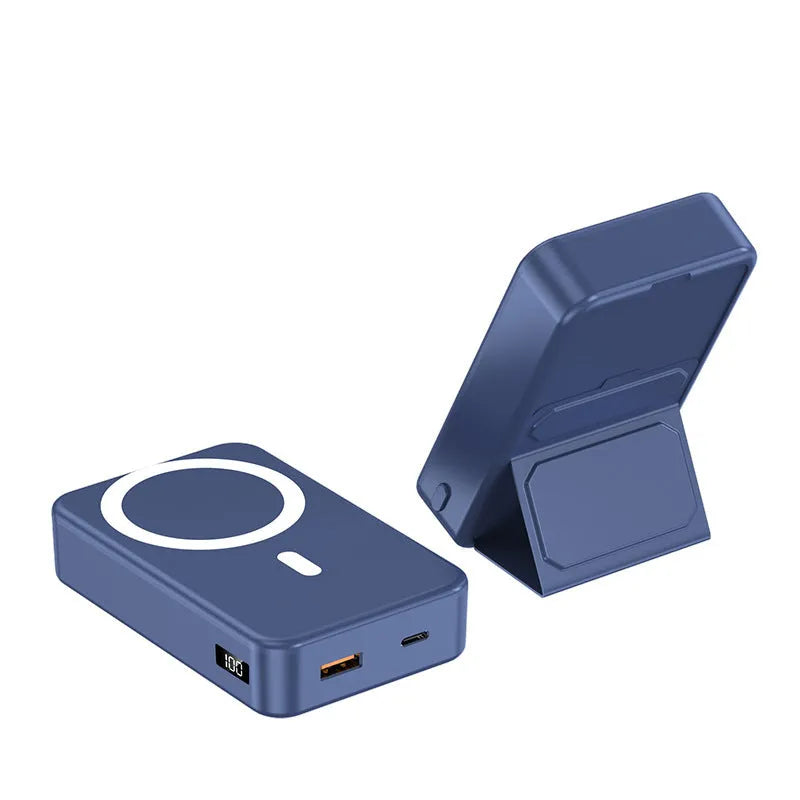 Magnetic wireless charging power bank with folding bracket showing capacity options and colour variations