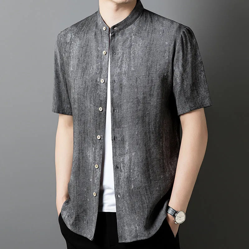Men's loose fit linen blend shirt with stand collar in black grey colour