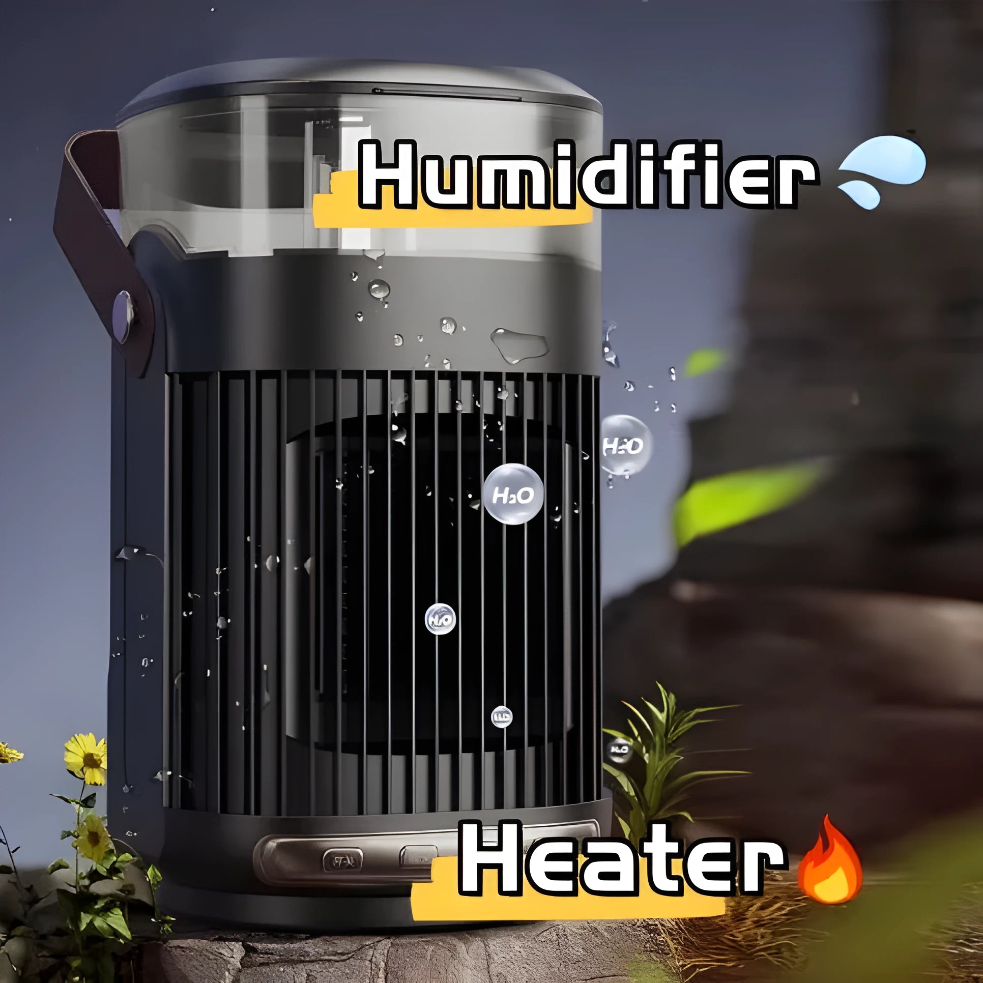 Black portable PTC ceramic heater and humidifier unit with front control panel.