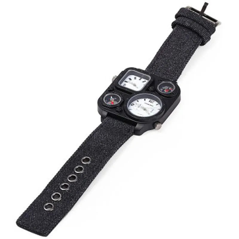 Men's sports watch with multi-time zone dial, green face, canvas strap, 5cm dial diameter, 12mm thickness