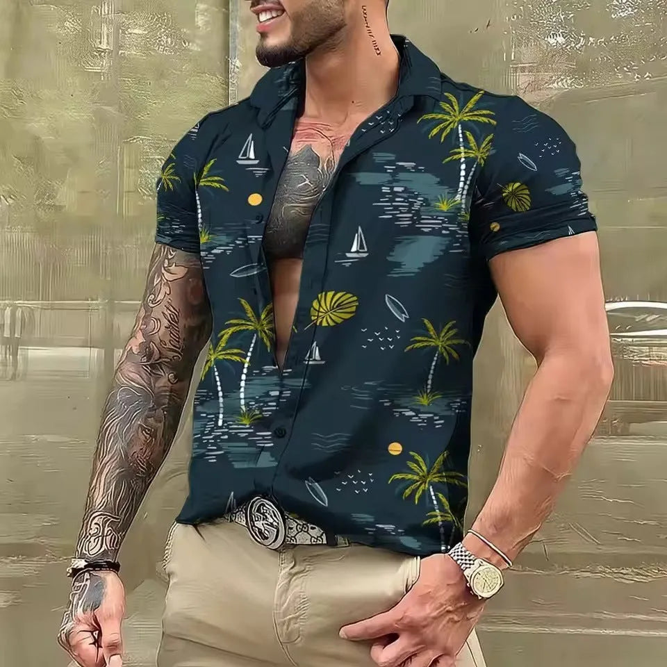 Man wearing a loose-fit short sleeve floral print shirt in a cardigan style