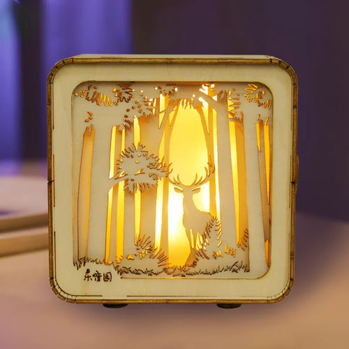 3D wooden puzzle night lamp assembled as a small ornament with train station design on a desk