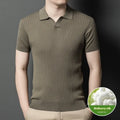 Men's mulberry silk short sleeve T-shirt with lapel collar and stripe pattern in black, white, green, grey, or khaki, sizes M to 4XL