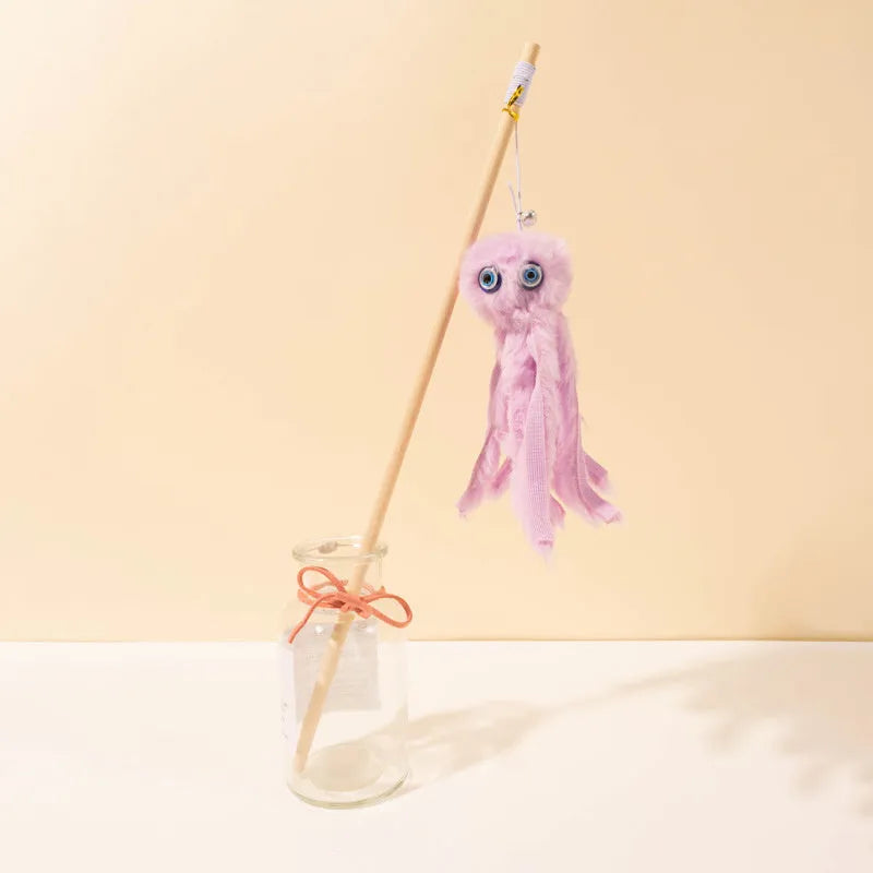Octopus-themed cat toy with long stick handle in grey, pink, purple, or red colour options