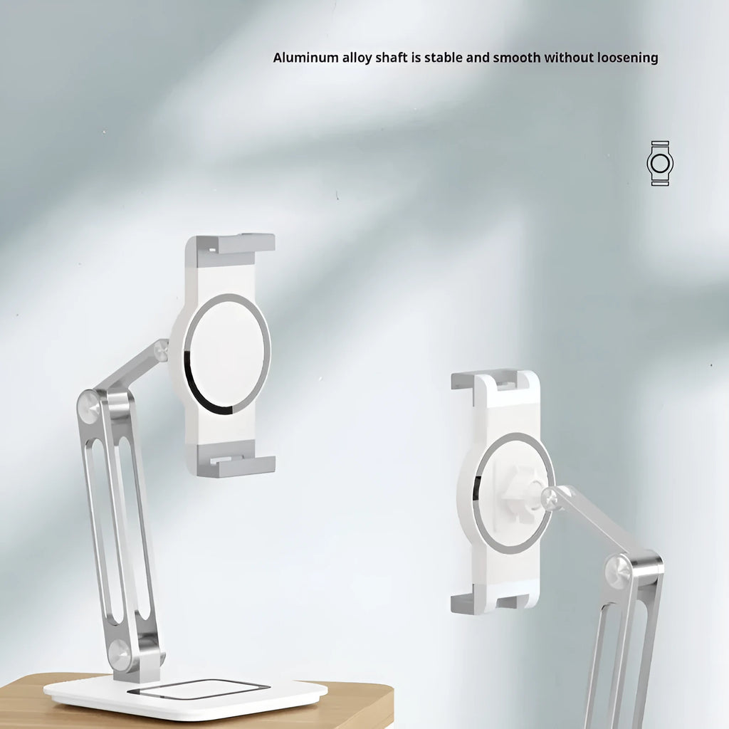 White aluminium alloy folding tablet and phone stand on a desk, folded size 20x13.6x8.3cm