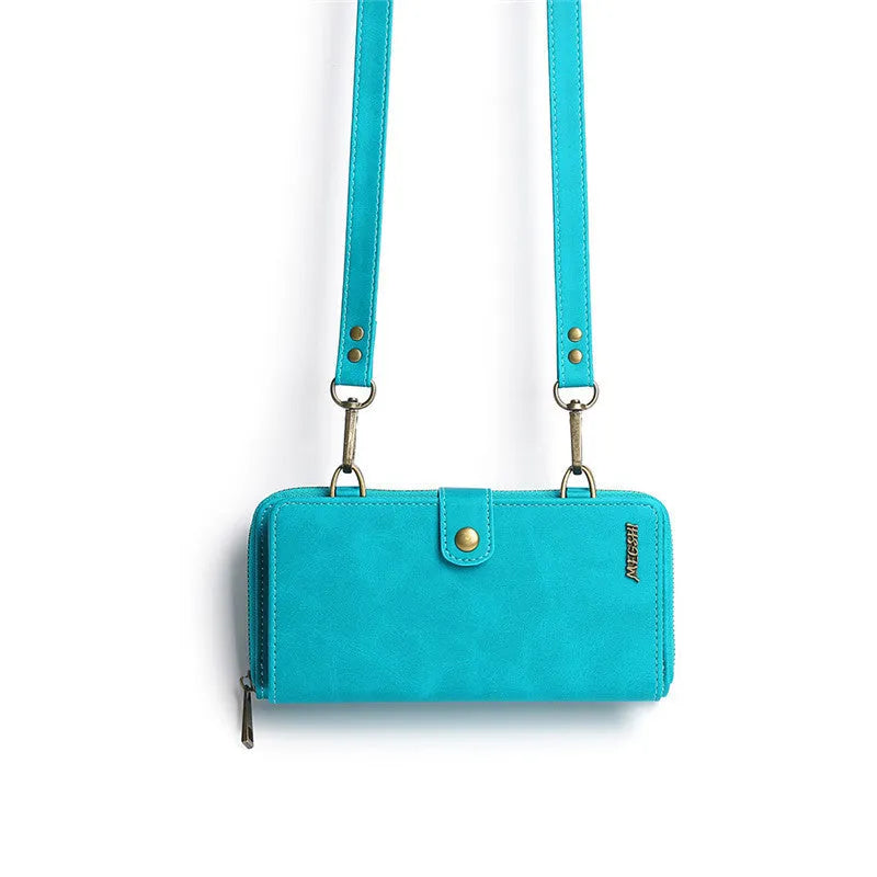 Detachable leather wallet flip case for Apple iPhone and Samsung Galaxy phones in black, blue, brown, and red.