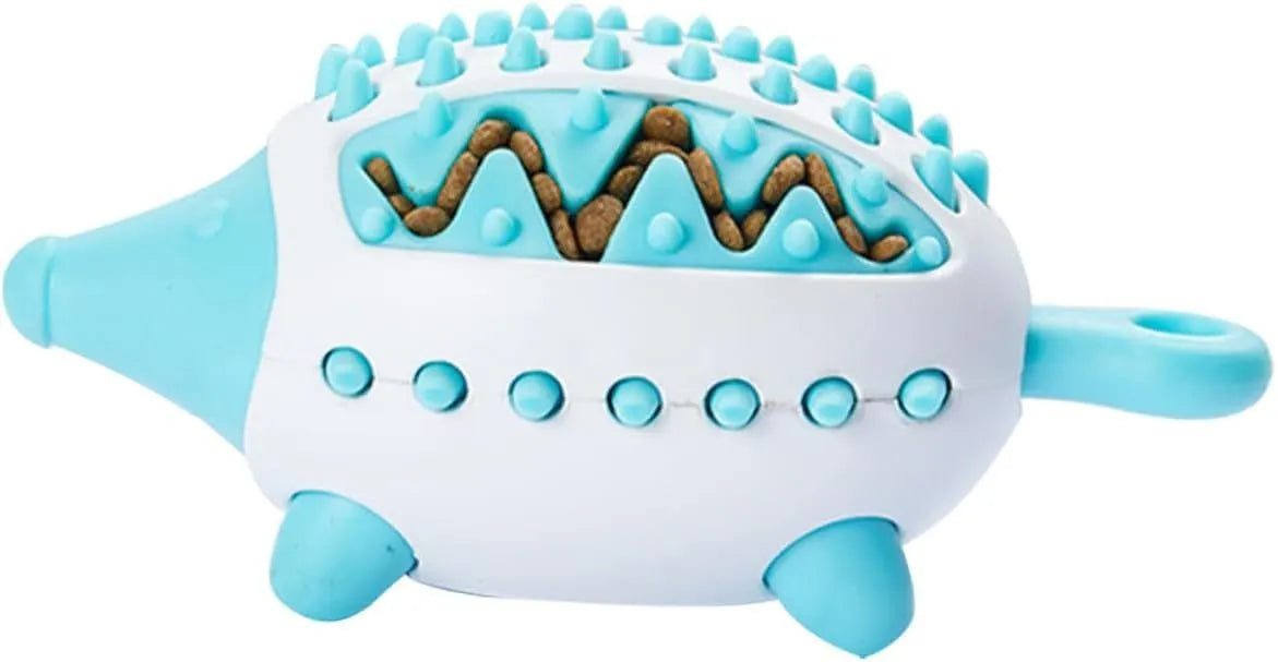 Blue wear-resistant treat dispensing dog toy with squeaky ball on white background
