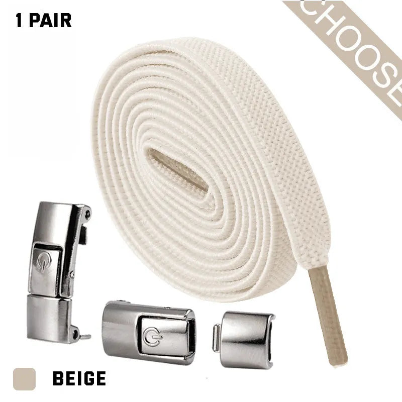Set of press lock elastic no-tie shoelaces in 8mm widened flat design on a white background.
