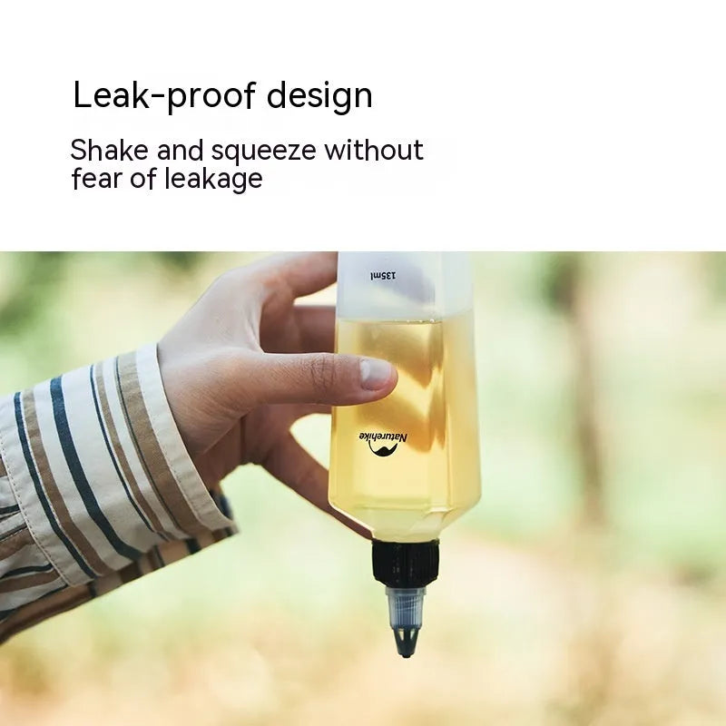 Naturehike six clear plastic portable seasoning bottles with black lids, modern simple design.