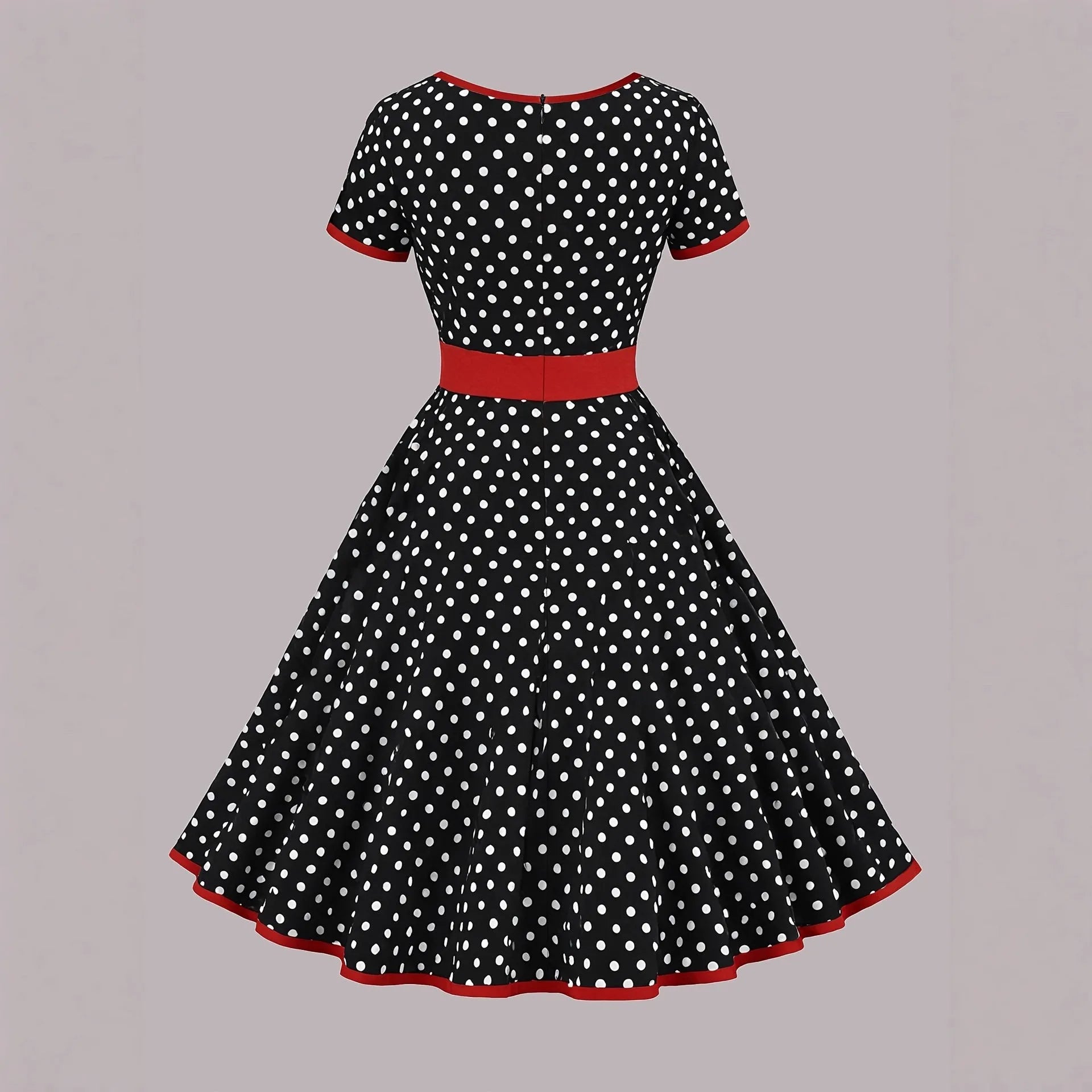 Multicolour polka dot dress with square collar, short sleeves, front zipper, and a pleated mid-length skirt on a hanger.