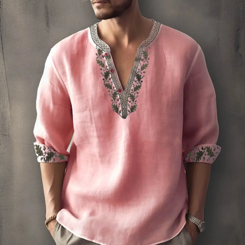 Man wearing striped bamboo hemp short sleeve shirt in British style, showing colour options S9570135 and S9577167.