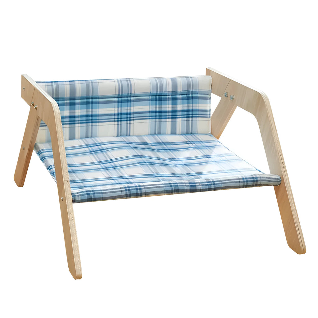 Wooden cat beach chair bed with blue cloth hammock suspended from frame