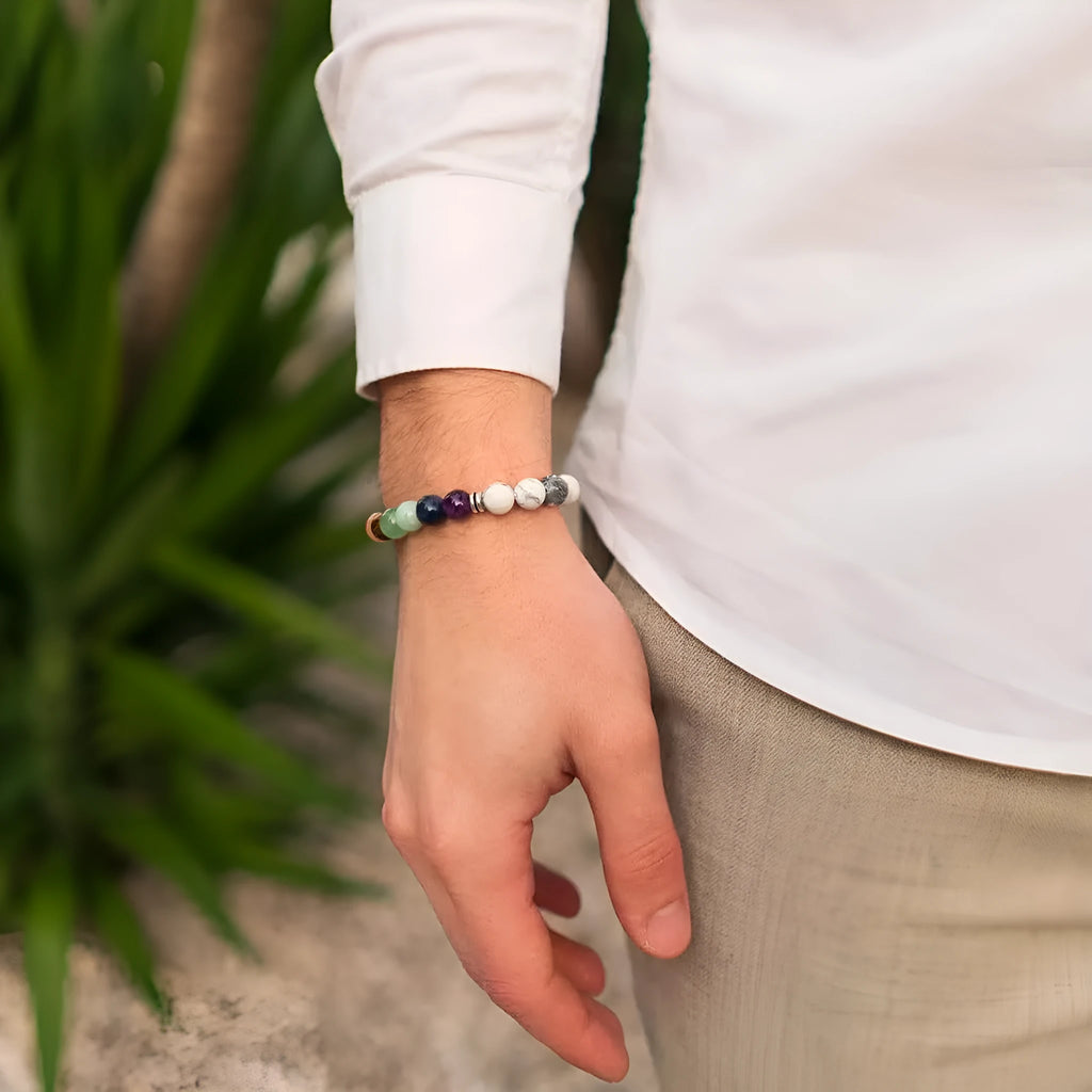 Women's hand-woven flat knot braided bracelet with geometric design and natural stones