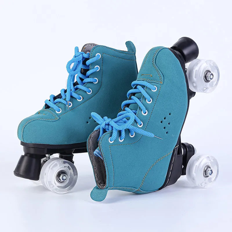 Blue leather roller skates with black double PU wheels and rubber sole