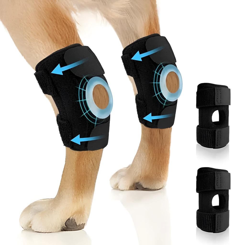 Black polyester leg guard for pet dog or cat joint support and rehabilitation.