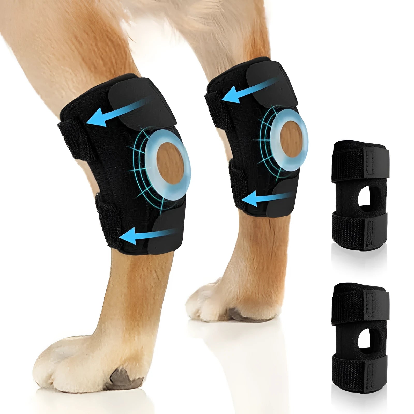 Black polyester leg guard for pet dog or cat joint support and rehabilitation.