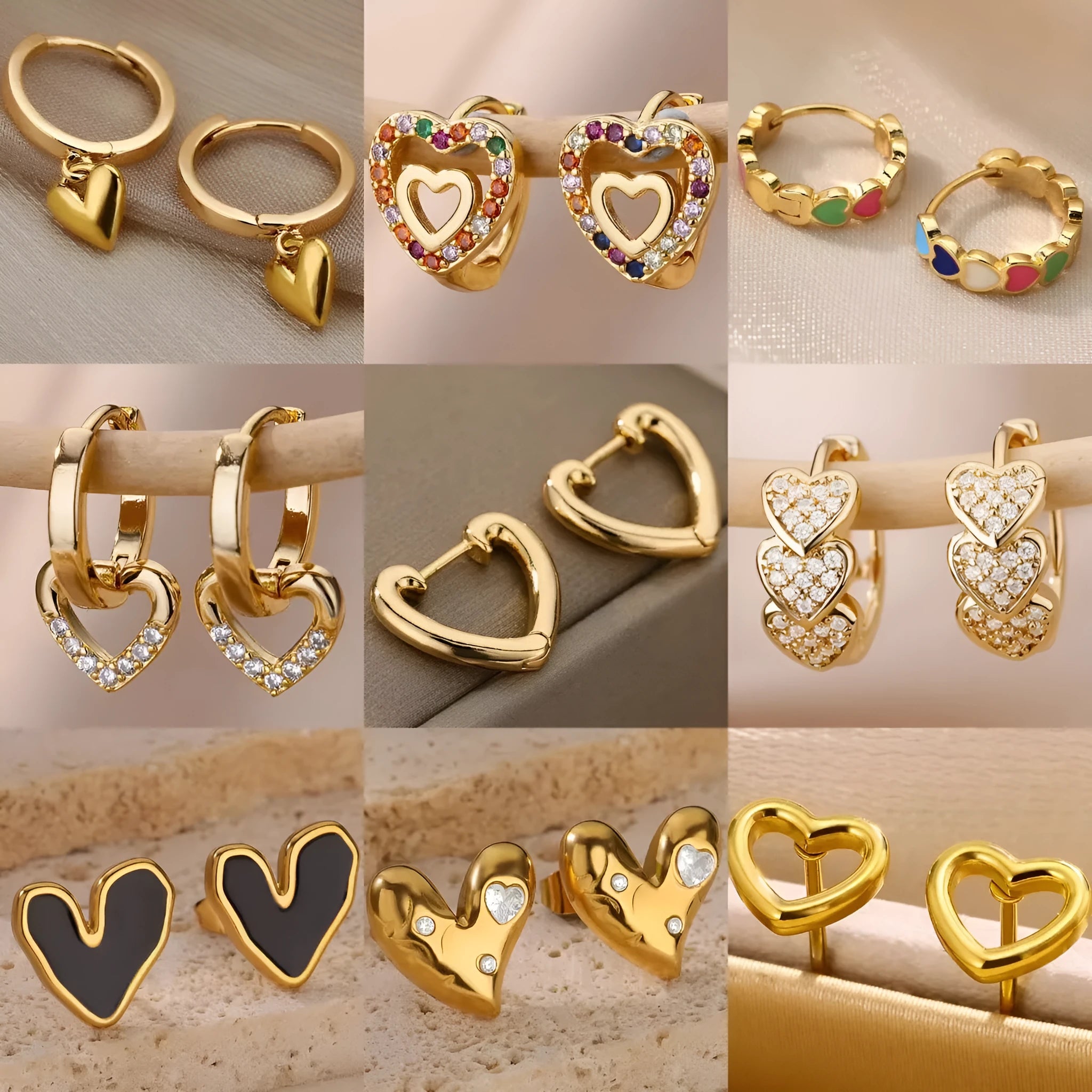 Heart-shaped stainless steel ear studs with zircon accents and ear clip backings for women
