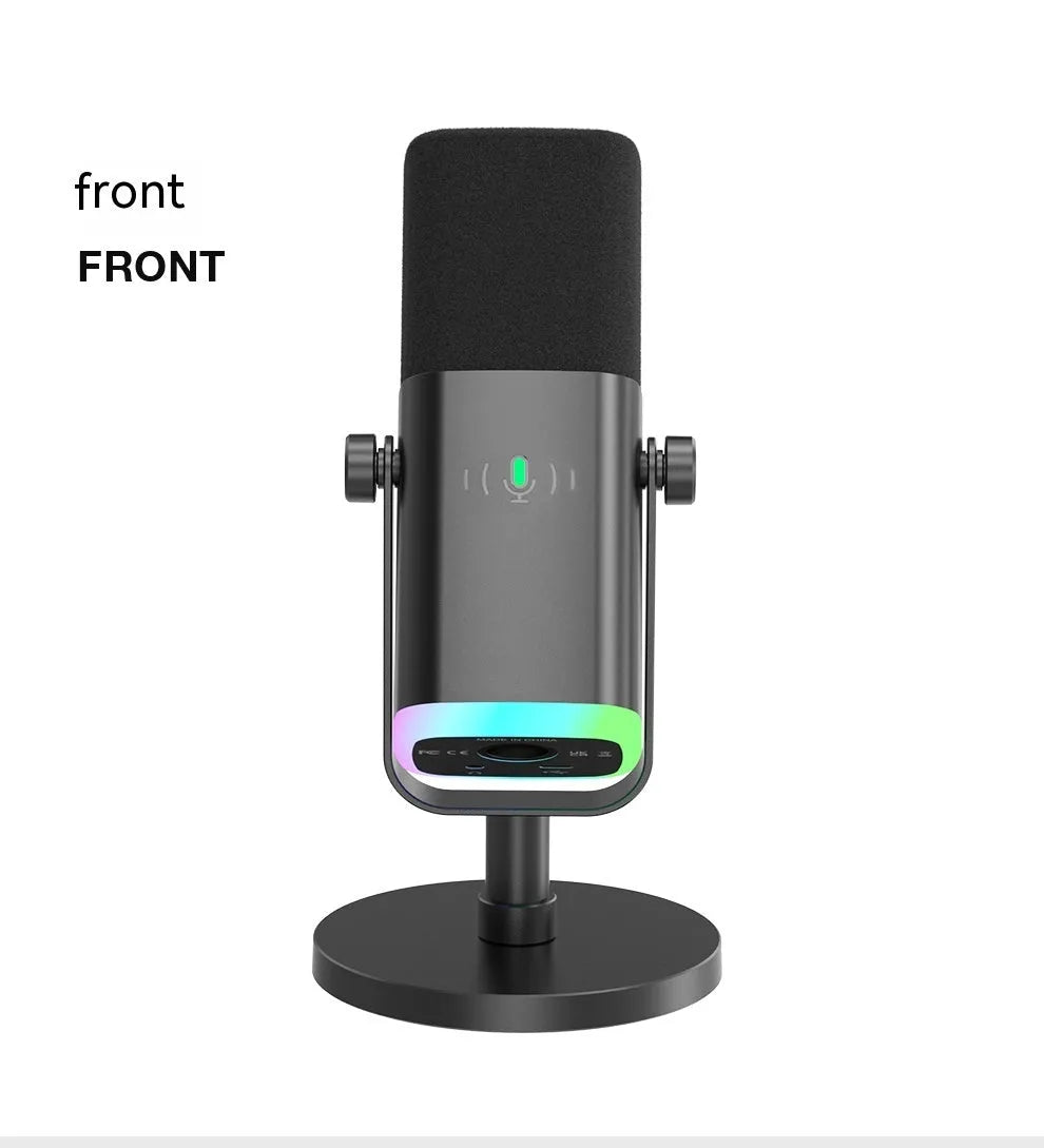 Black, pink, or white dynamic noise reduction microphone with XLR cable and base on a desk.