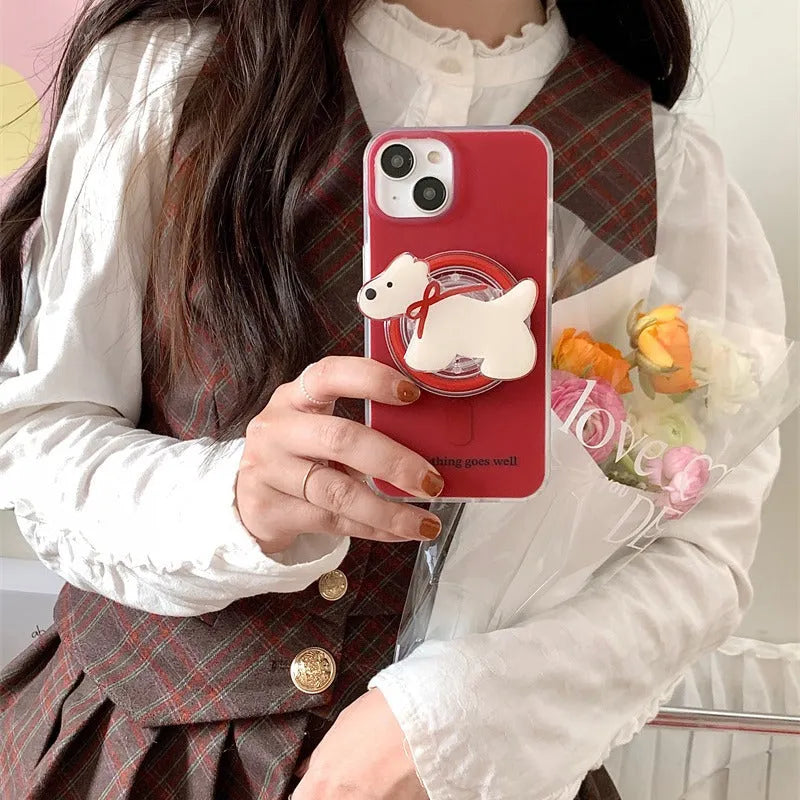Wine red silicone phone case with embossed red bow tie puppy pattern and magnetic bracket for Apple iPhone