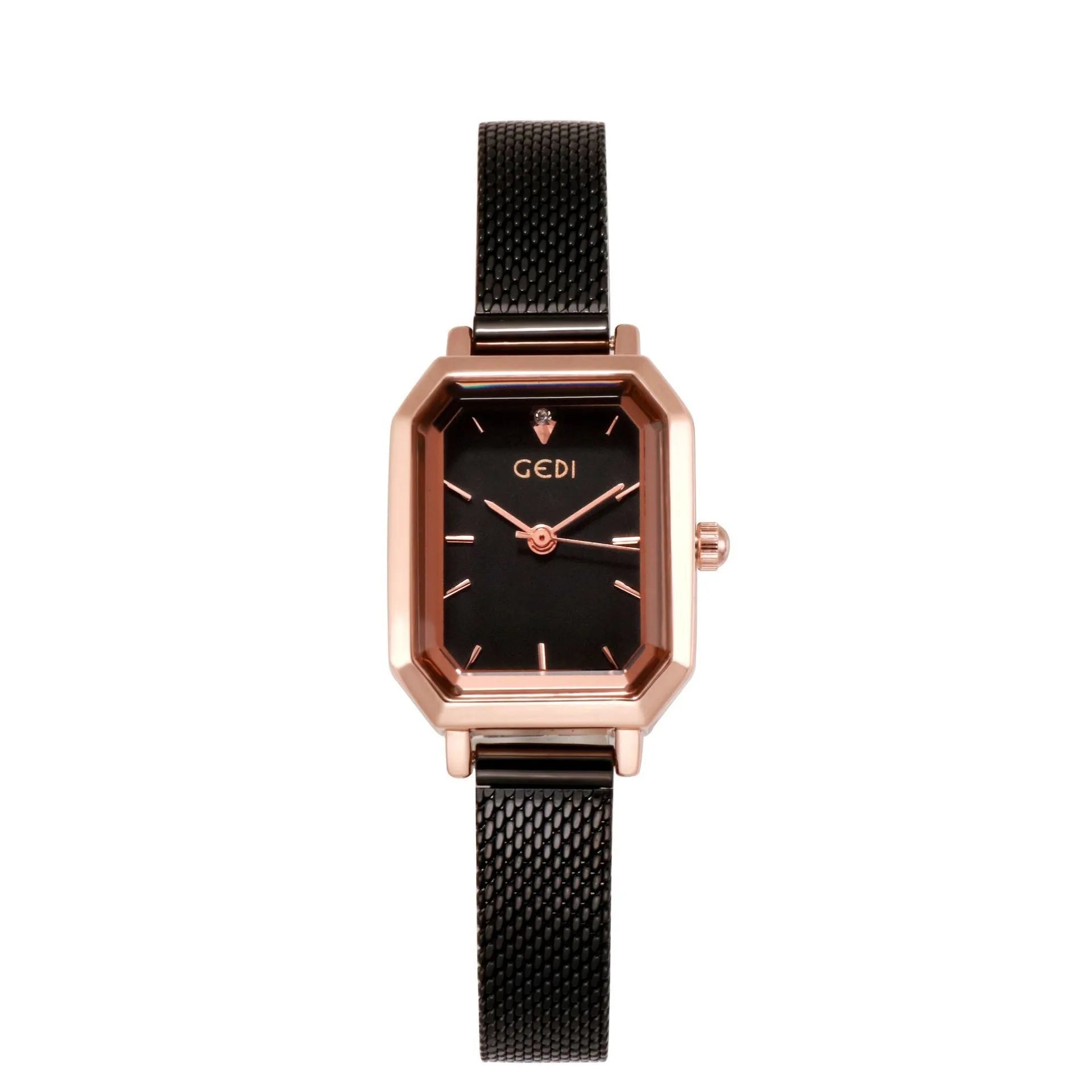 Women's square retro casual watch with rose gold shell case and leather strap in various colour combinations
