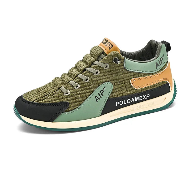 Men's green and grey low-top mesh running shoes with lace-up front and round toe.