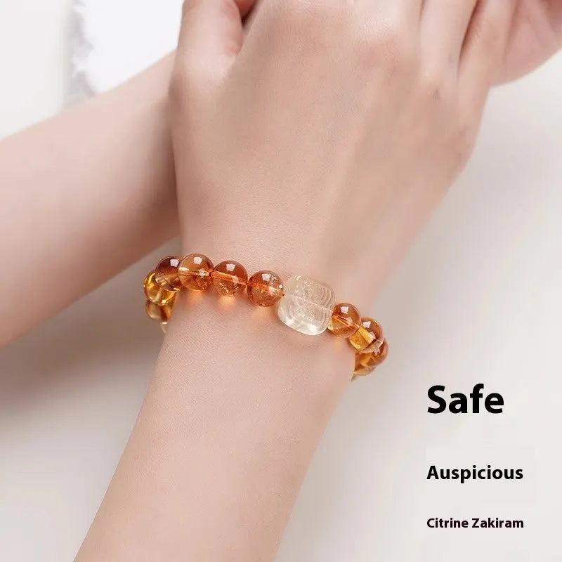 Women's carved citrine ethnic bracelet with 10mm geometric crystal stones in gold-toned setting
