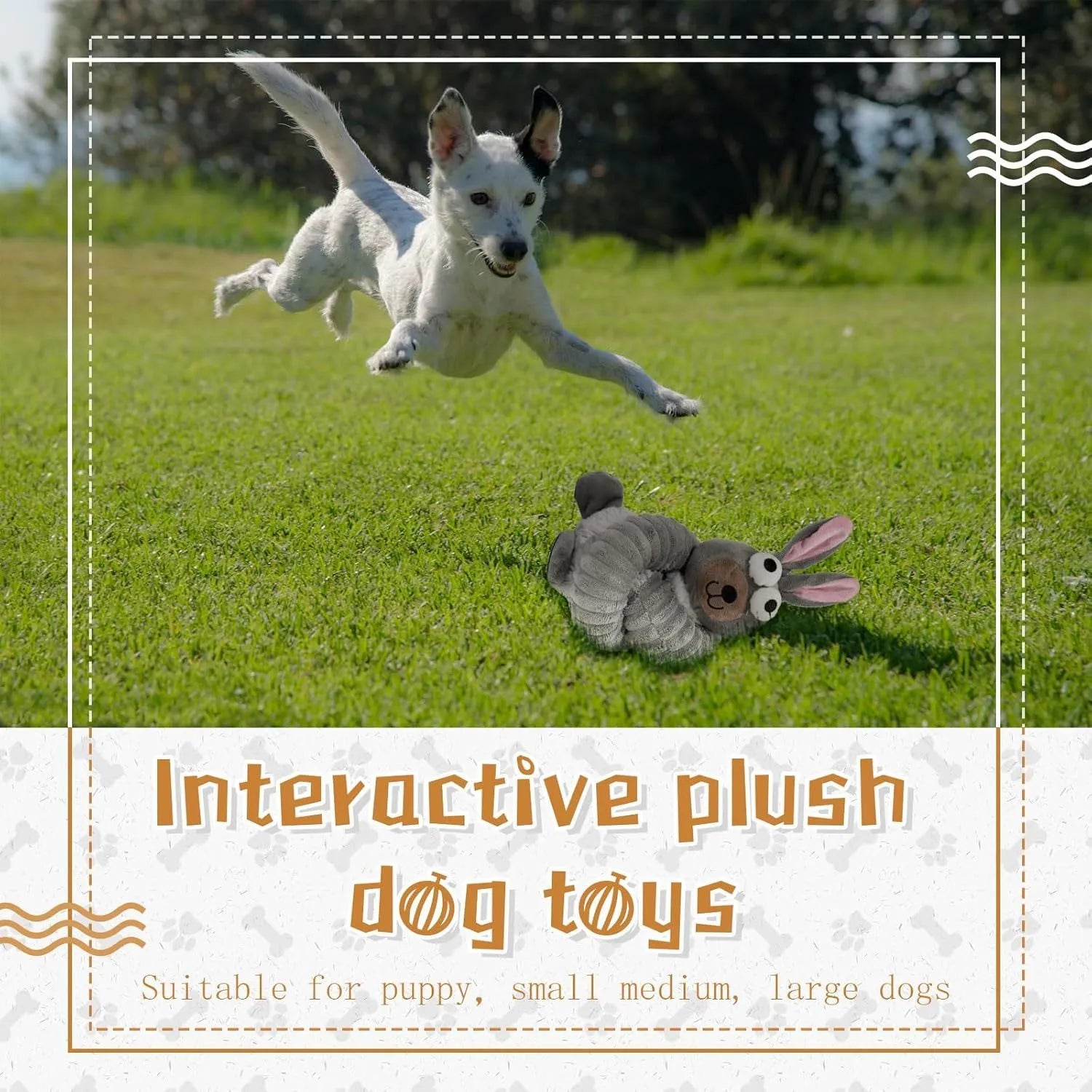 Brown, grey, and yellow foldable plush dog toy with squeaker and crinkle material.
