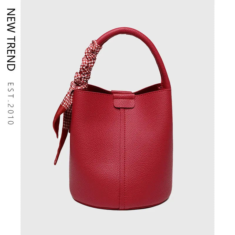 Lychee pattern PU leather messenger bag, bucket type, 18cm, available in apricot, black, brown, gray, red, white