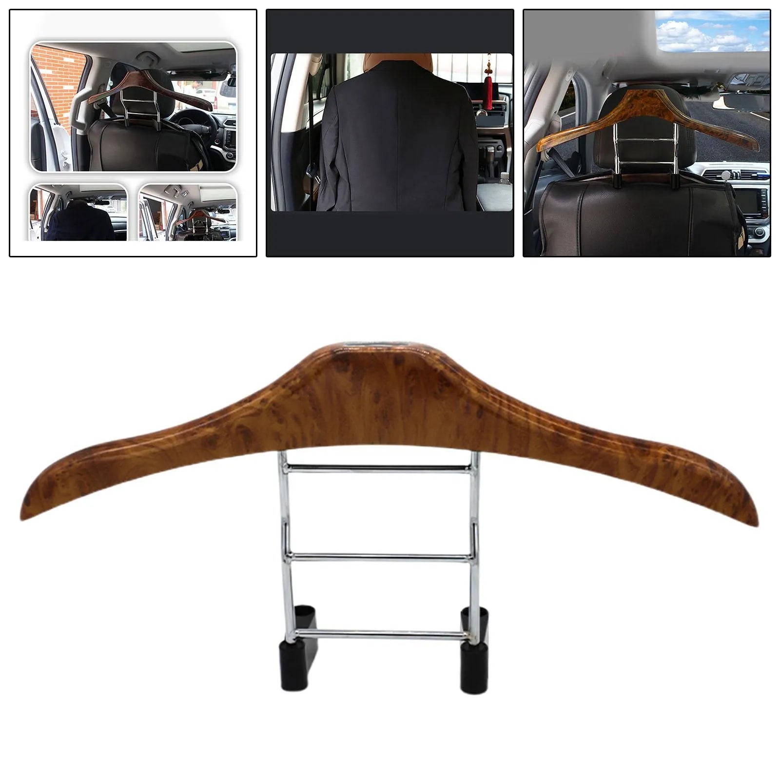 Wood yellow stainless steel car clothes hanger for suits and coats on a vehicle headrest.