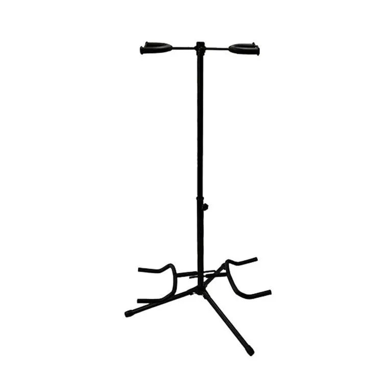 Black vertical double-headed adjustable guitar stand showing iron construction and height adjustment mechanism