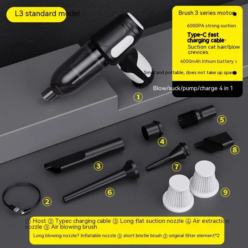 Handheld car vacuum cleaner with nozzle attachments in black, white, or grey colours
