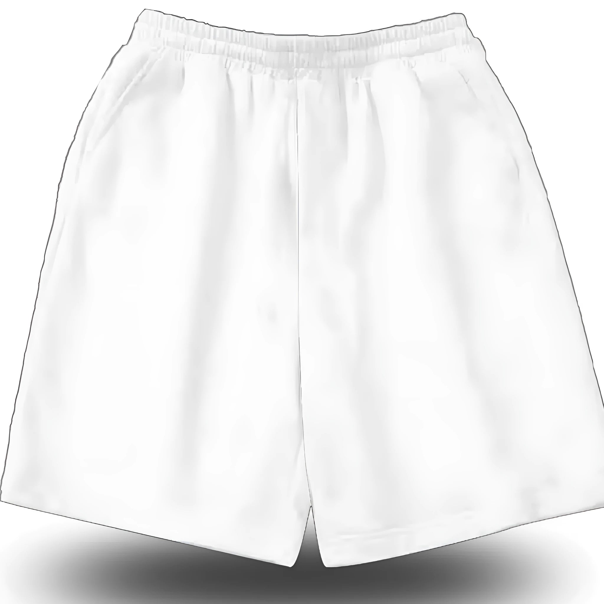 A pair of white casual polyester shorts laid flat, available in sizes from Small to 5XL