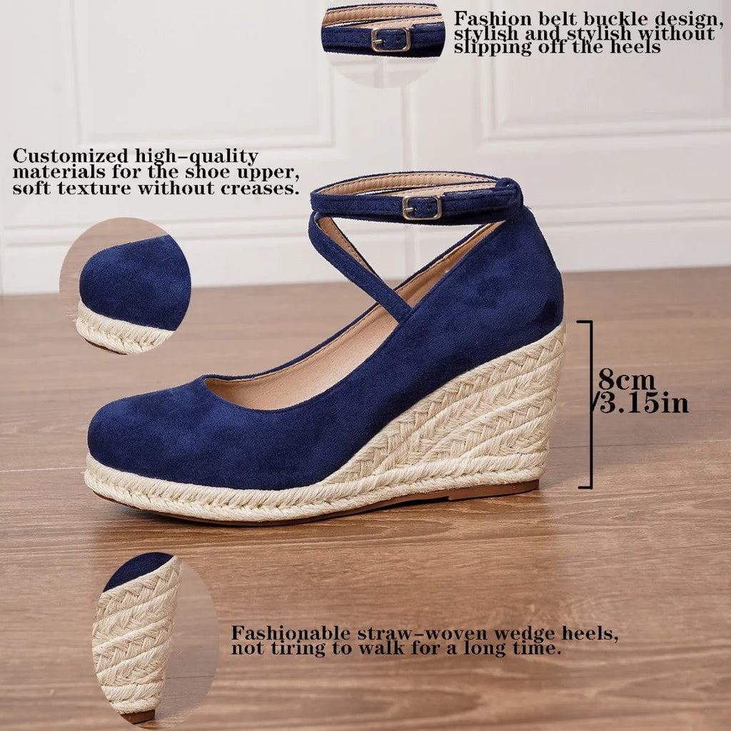 Dark blue suede straw woven wedge closed toe high heels with buckle and TPR sole, size 37