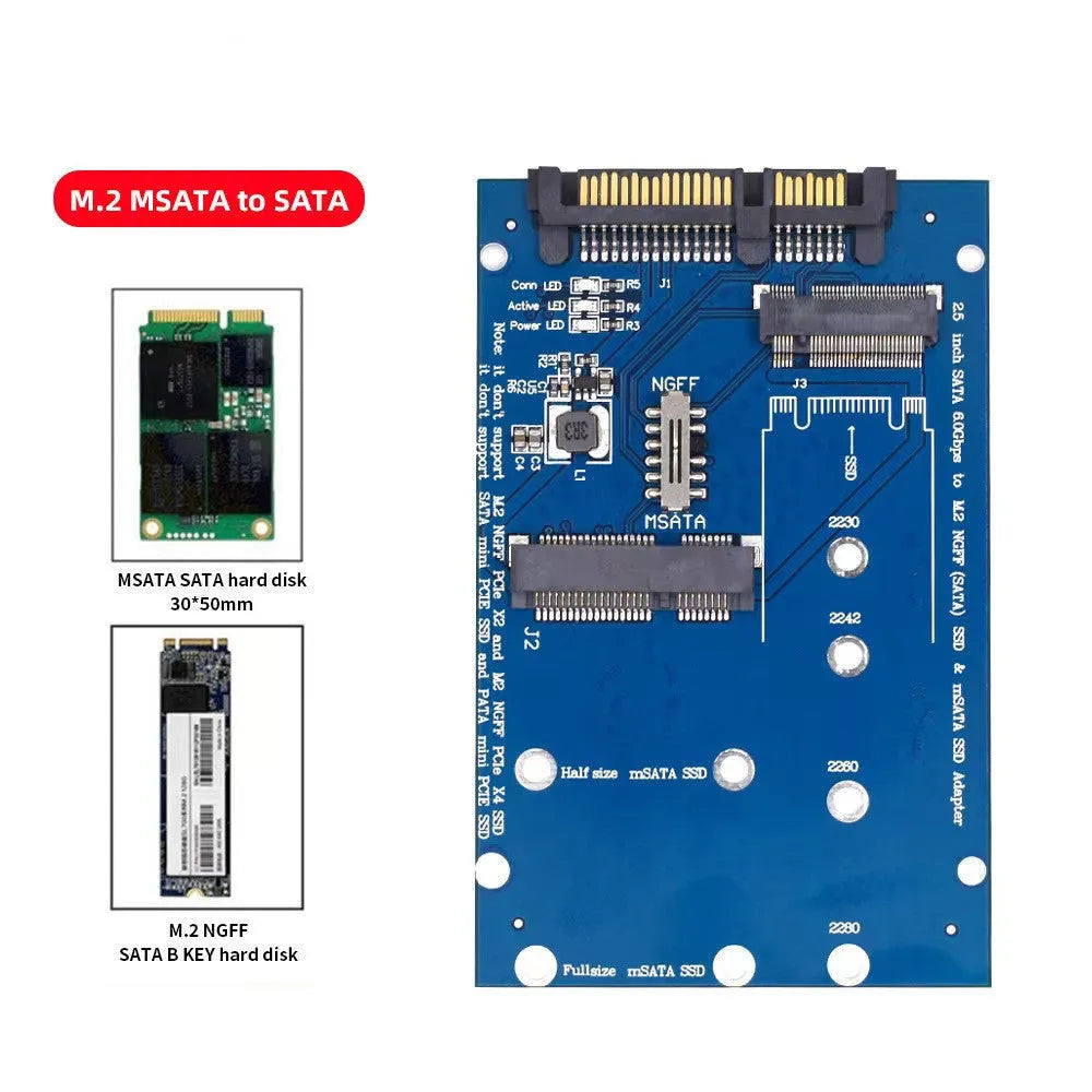 Black and blue SATA3 to M.2 NGFF MSATA SSD adapter card on a white background.