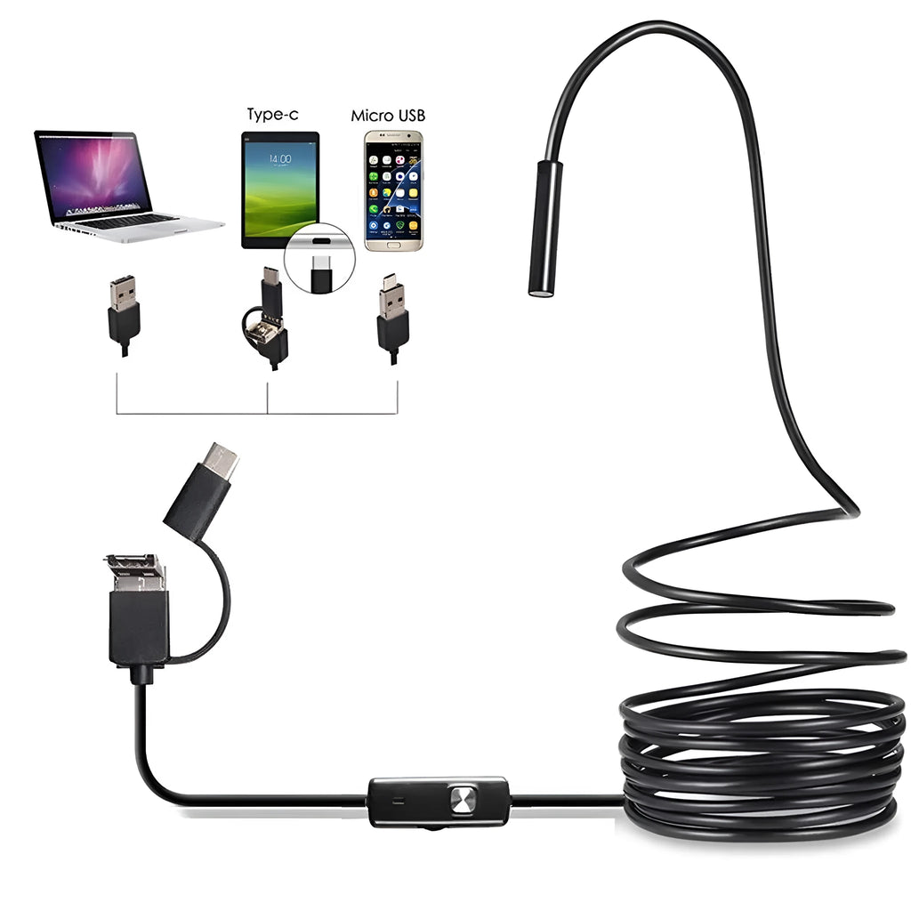 USB endoscope with flexible cable, camera head, magnet, hook, and side mirror attachments on a table.