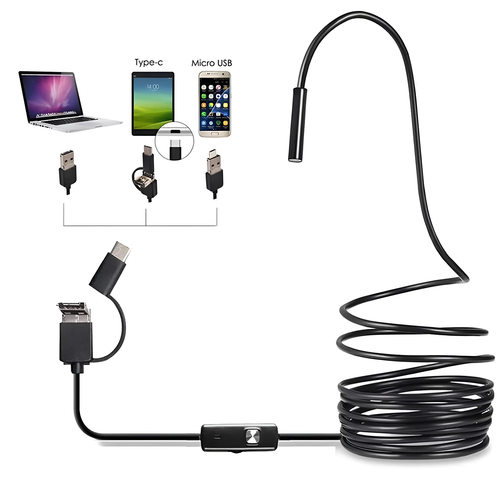 USB endoscope with flexible cable, camera head, magnet, hook, and side mirror attachments on a table.