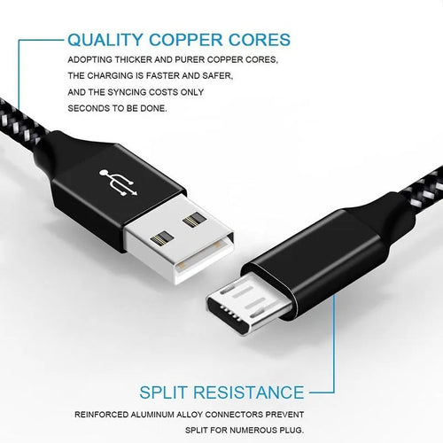 Braided fast-charging Micro USB cable for Android phones in black and white colour.