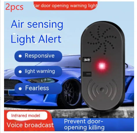 Black ABS car door reminder alarm with infrared sensor, 5V universal fit, Chinese or English voice option.