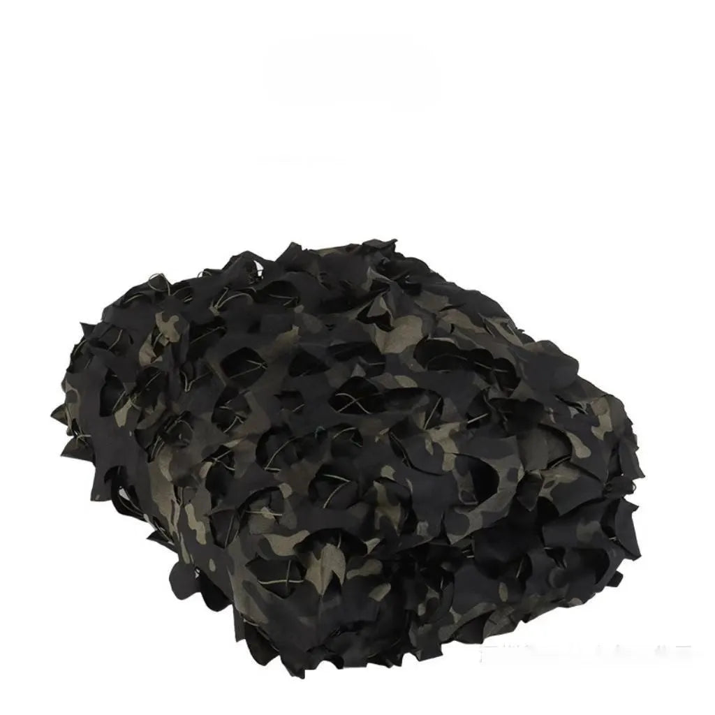 Green camouflage net with mesh pattern for outdoor camp cover and military sunshade.