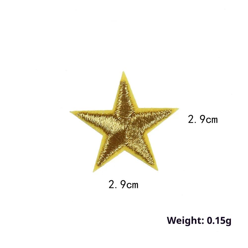 Colourful five-pointed star cloth embroidery stickers for DIY clothing decoration on a fabric background.