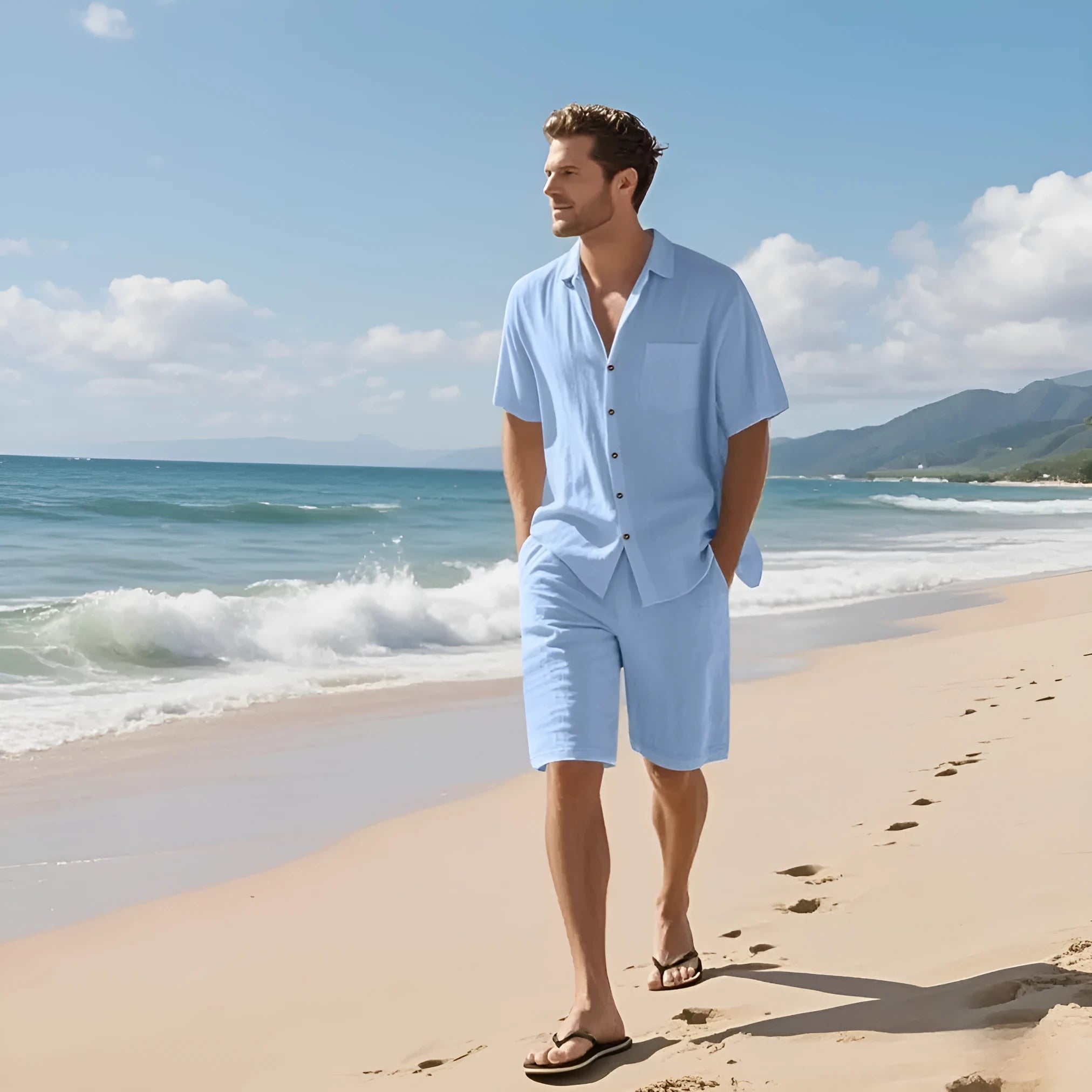 Linen blend short sleeve shirt and shorts casual beach suit set shown in khaki colour.