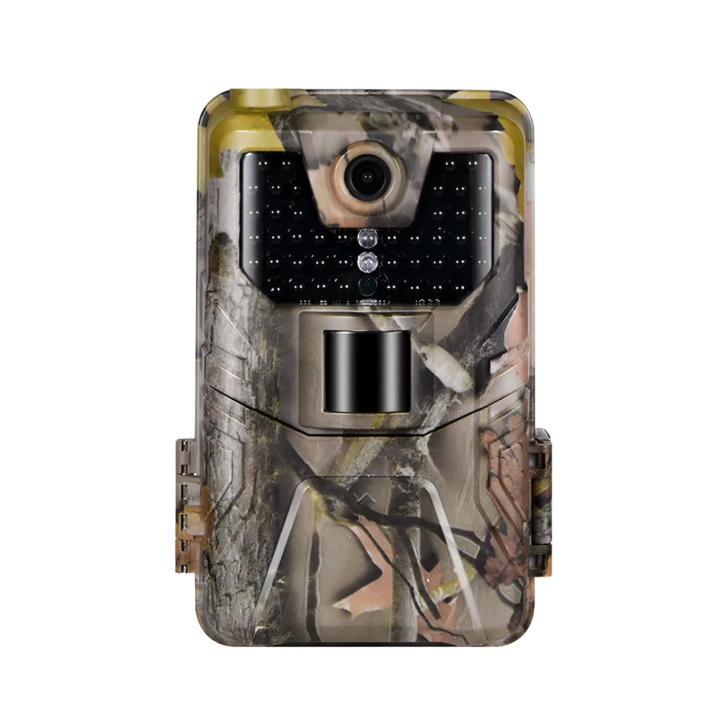 Camouflage trail camera with infrared LEDs, showing compact size for outdoor wildlife monitoring and security.