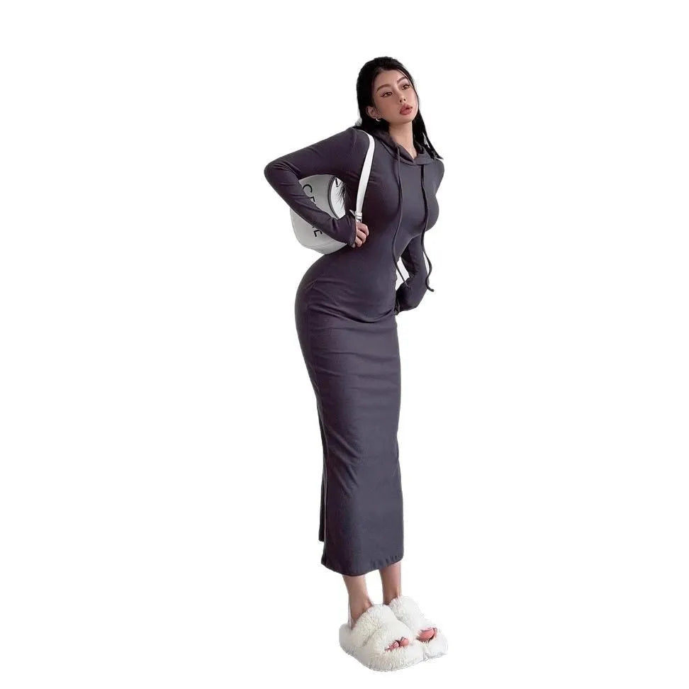 Women's grey hooded sheath dress with long sleeves and high waist design