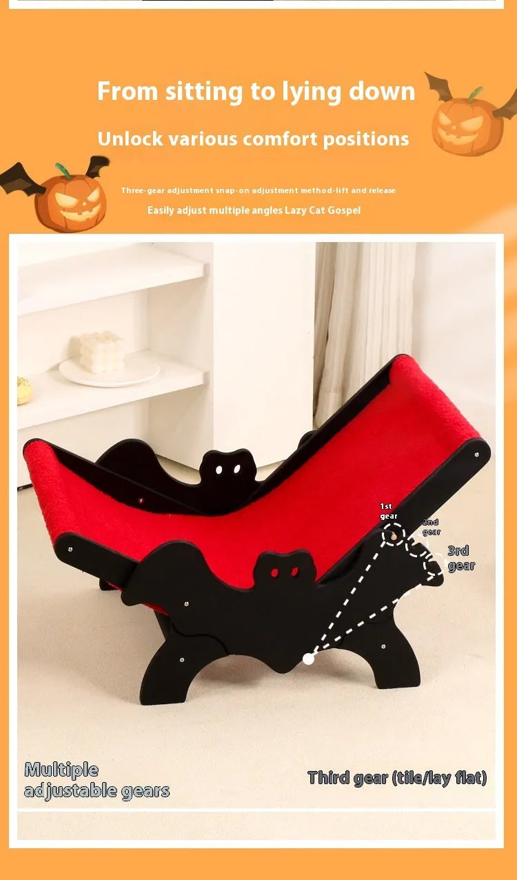 Black and red wooden bat-shaped cat recliner bed for halloween pet decor