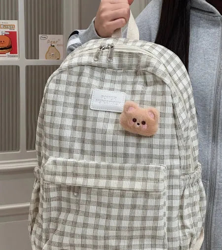 Corduroy checked backpack in khaki with computer pocket, 42x30x15cm, retro campus style