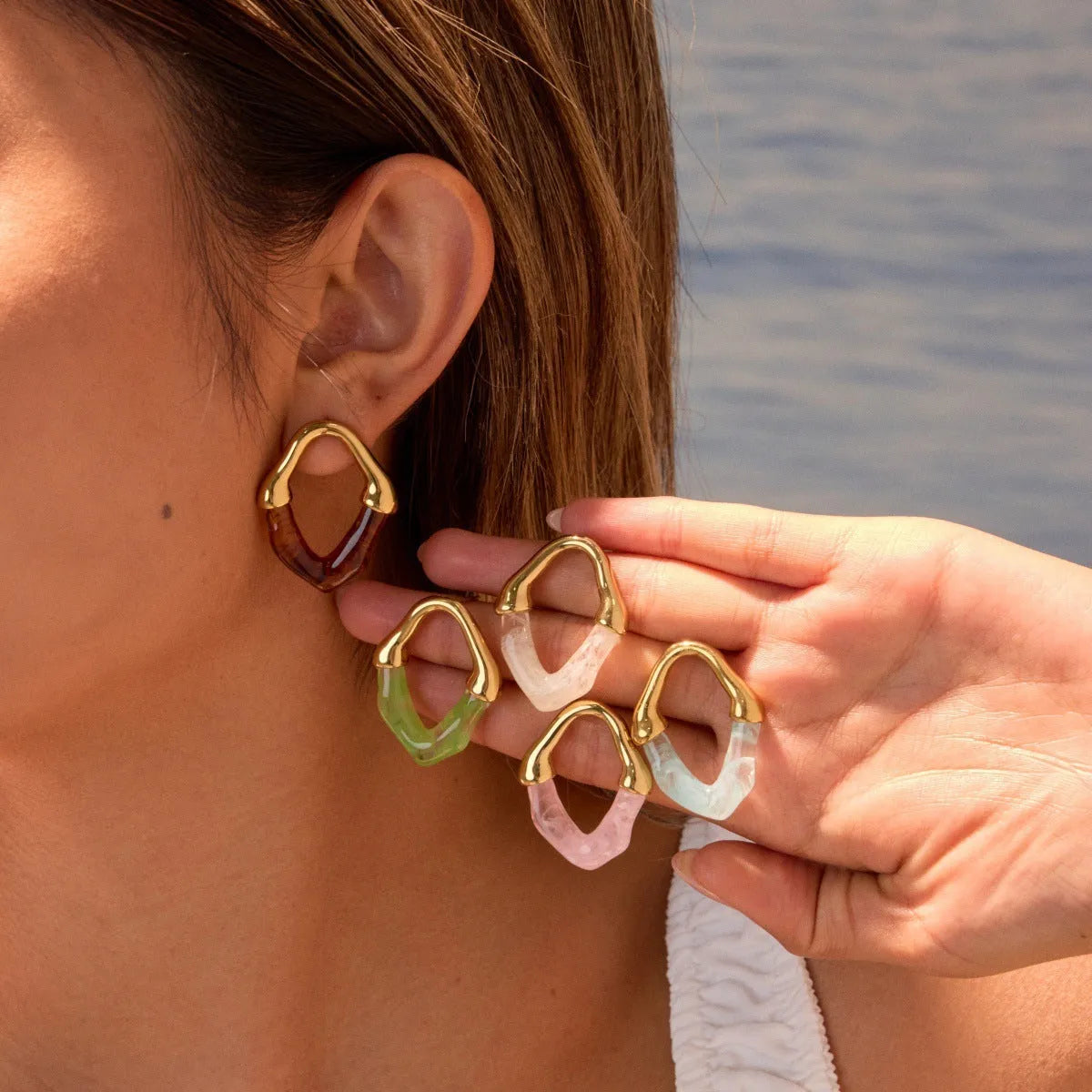 Stainless steel earrings with colour resin stitching and 18K gold plating